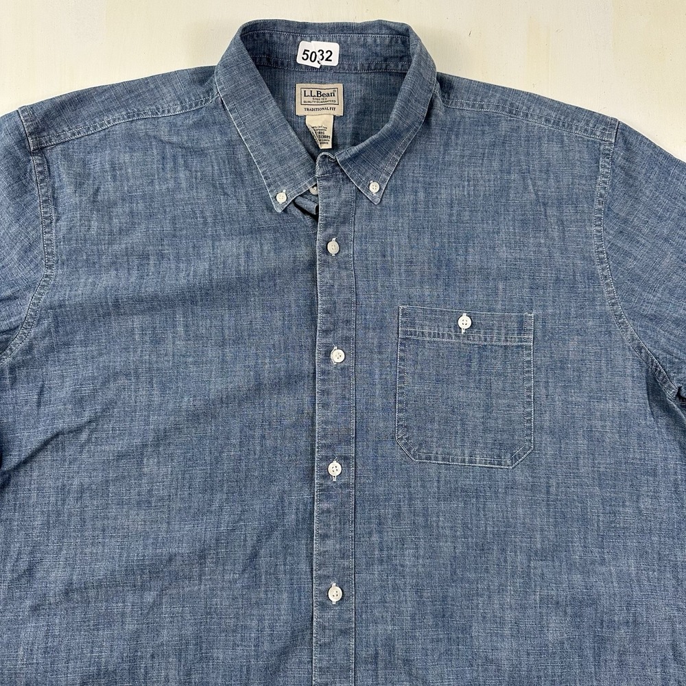 LL Bean Chambray Shirt Mens XL Indigo Blue Stretch Short‎ Sleeve Traditional Fit